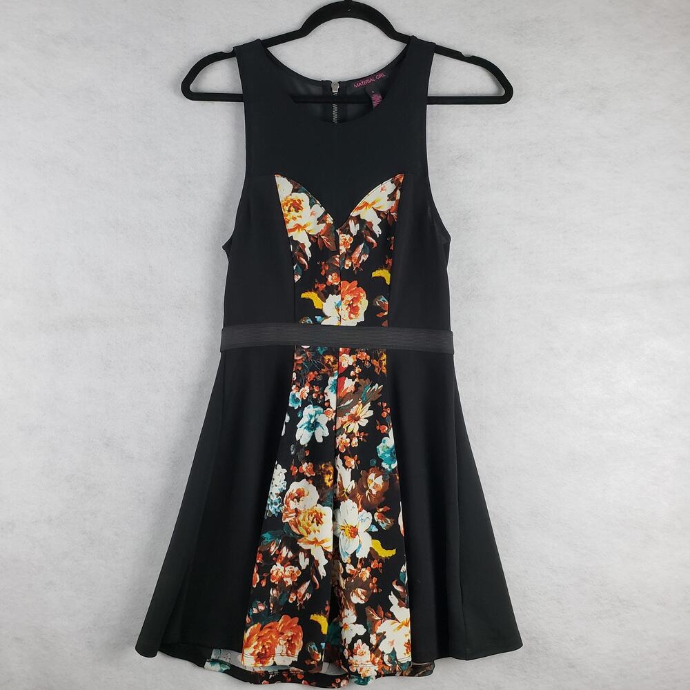 Material Girl Women's S Illusion Fit & Flare Dress Black Floral Panel Dressy